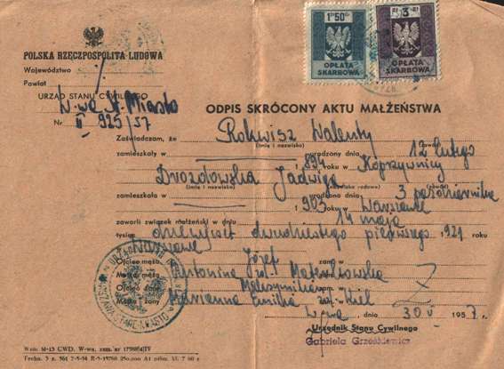 Wedding with Jadwiga Drozdowska Certificate - 1921